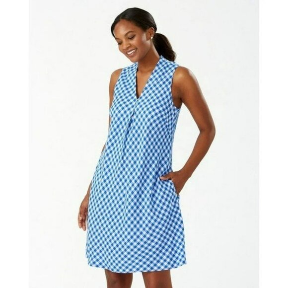 Tommy Bahama Gingham Blue & White Sleeveless Bonita Check Linen Dress M/M - Picture 1 of 10